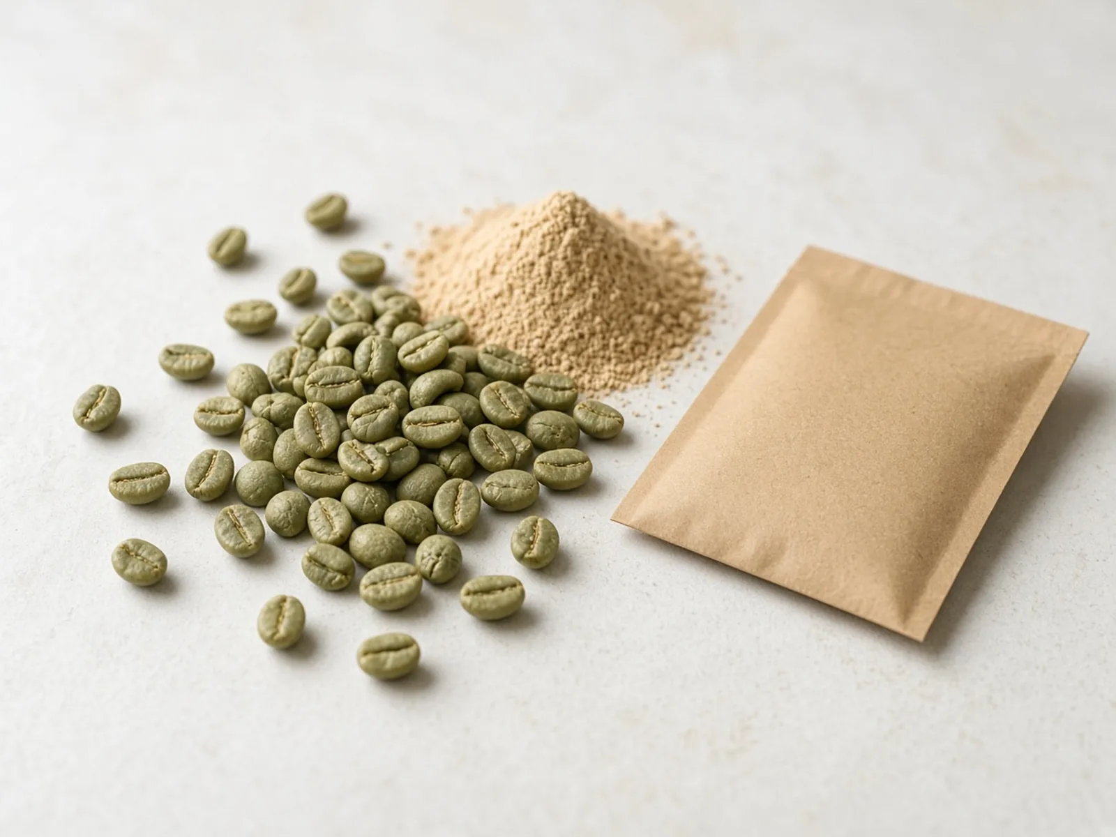 Green coffee beans, a mound of powder and an unlabelled sachet on a stone surface